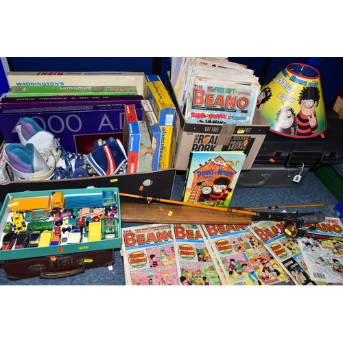 506 - THREE BOXES AND LOOSE TOYS, GAMES, COMICS, TYPEWRITER, FISHING ROD AND SUNDRY ITEMS, to include a Si... 