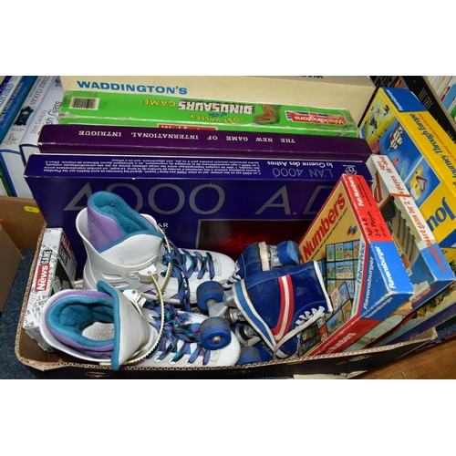 506 - THREE BOXES AND LOOSE TOYS, GAMES, COMICS, TYPEWRITER, FISHING ROD AND SUNDRY ITEMS, to include a Si... 