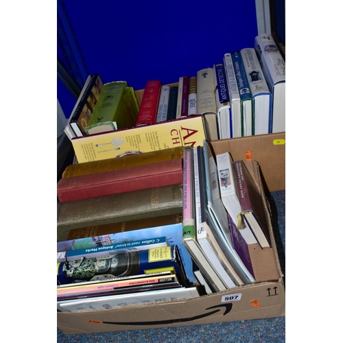 507 - BOOKS, two boxes containing a collection of approximately thirty titles on the subject of antiques i... 