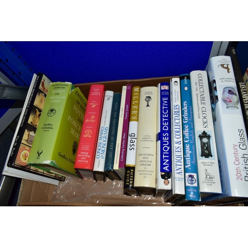 507 - BOOKS, two boxes containing a collection of approximately thirty titles on the subject of antiques i... 