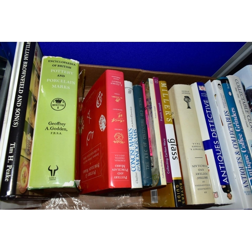 507 - BOOKS, two boxes containing a collection of approximately thirty titles on the subject of antiques i... 