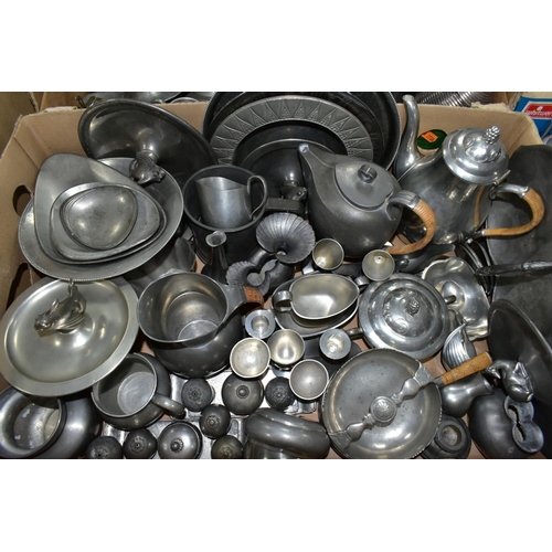 509 - THREE BOXES AND LOOSE JUST ANDERSEN, DANISH PEWTER AND OTHER METALWARES, to include approximately fo... 