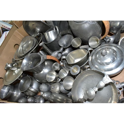 509 - THREE BOXES AND LOOSE JUST ANDERSEN, DANISH PEWTER AND OTHER METALWARES, to include approximately fo... 