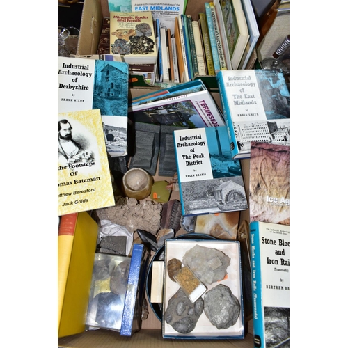 511 - TWO BOXES OF FOSSILS, ROCKS, MINERALS AND RELATED BOOKS, approximately to include over thirty books ... 