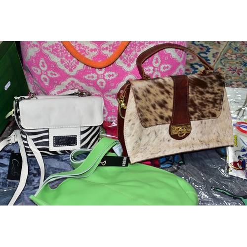 513 - A BOX AND LOOSE AS NEW HANDBAGS AND SCARVES, to include eight handbags by Mafana, Cats Madrid, Easto... 