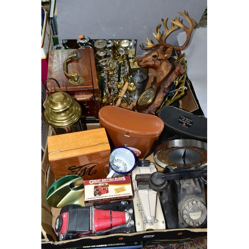 516 - TWO BOXES OF METALWARES, MILITARY BOX, BINOCULARS, ROTARY TELEPHONE AND SUNDRY ITEMS, to include a w... 