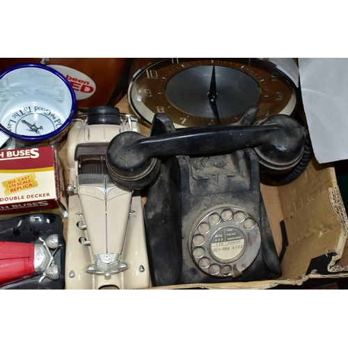 516 - TWO BOXES OF METALWARES, MILITARY BOX, BINOCULARS, ROTARY TELEPHONE AND SUNDRY ITEMS, to include a w... 