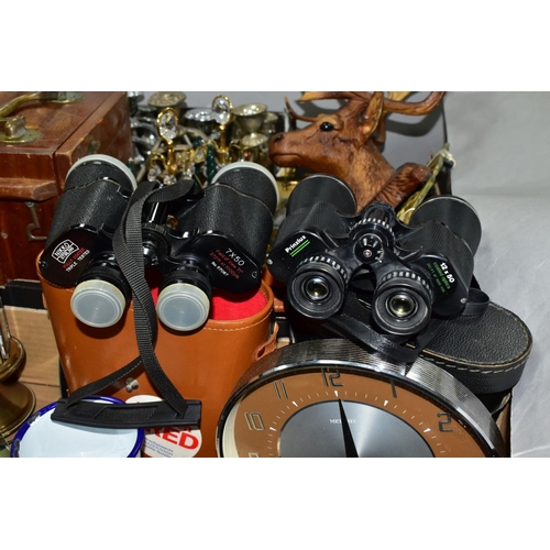 516 - TWO BOXES OF METALWARES, MILITARY BOX, BINOCULARS, ROTARY TELEPHONE AND SUNDRY ITEMS, to include a w... 