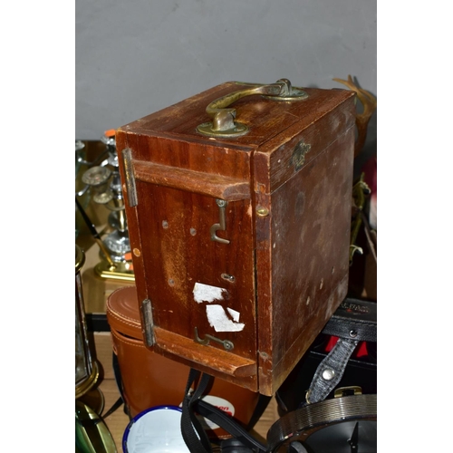 516 - TWO BOXES OF METALWARES, MILITARY BOX, BINOCULARS, ROTARY TELEPHONE AND SUNDRY ITEMS, to include a w... 