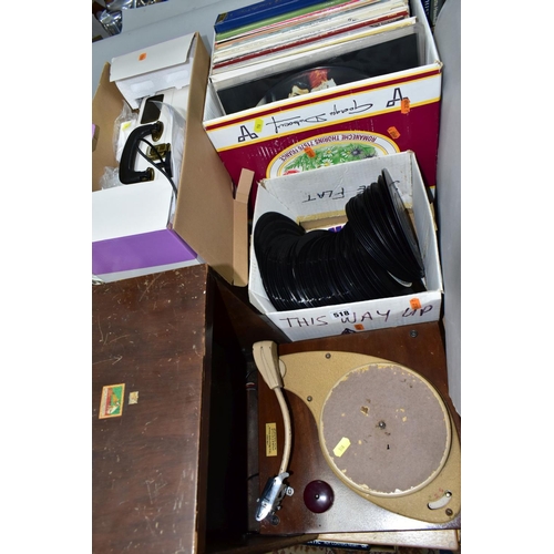 518 - TWO BOXES AND LOOSE RECORD PLAYERS AND RECORDS, to include a mid twentieth century His Masters Voice... 