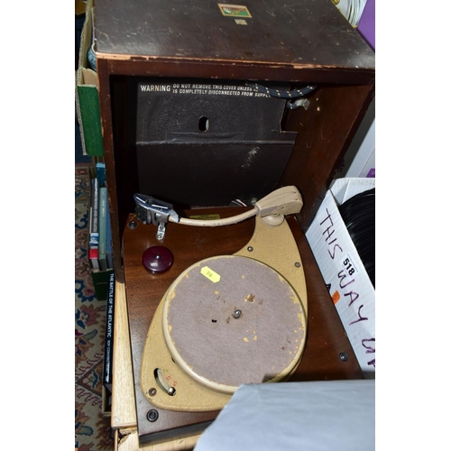 518 - TWO BOXES AND LOOSE RECORD PLAYERS AND RECORDS, to include a mid twentieth century His Masters Voice... 