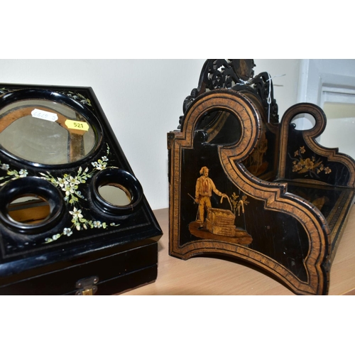 521 - A LATE 19TH CENTURY SORRENTO WARE BOOKSLIDE AND A LATE VICTORIAN FOLDING STEREOGRAPH, both in need o... 