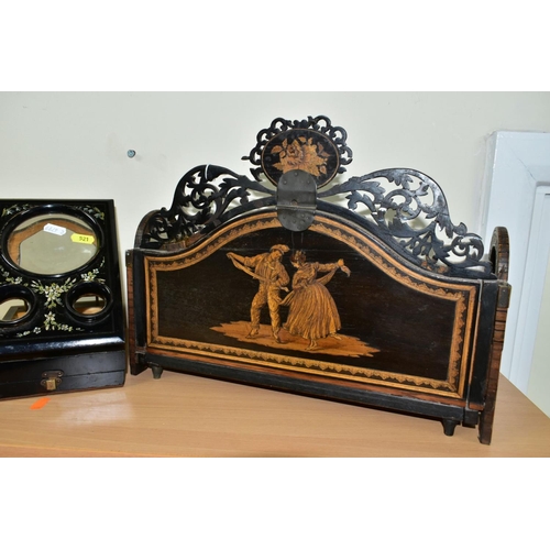 521 - A LATE 19TH CENTURY SORRENTO WARE BOOKSLIDE AND A LATE VICTORIAN FOLDING STEREOGRAPH, both in need o... 