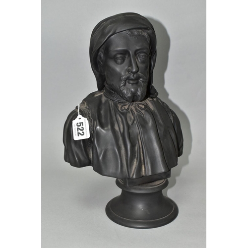 522 - A 20TH CENTURY WEDGWOOD BLACK BASALT BUST OF CHAUCER, on a socle base, impressed marks to both secti... 