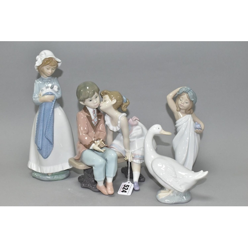 524 - TWO LLADRO FIGURES AND TWO NAO FIGURES, comprising 'Ten and Growing' No 7635, depicting girl kissing... 