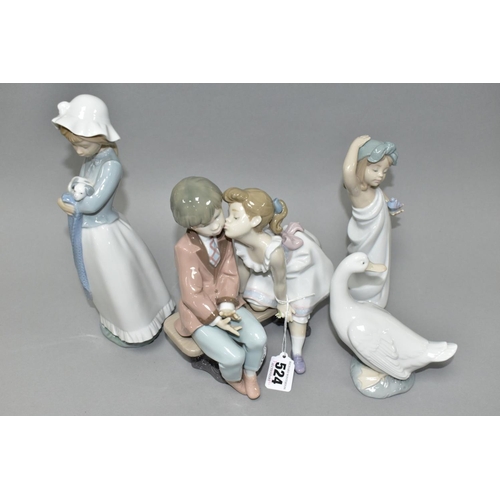 524 - TWO LLADRO FIGURES AND TWO NAO FIGURES, comprising 'Ten and Growing' No 7635, depicting girl kissing... 