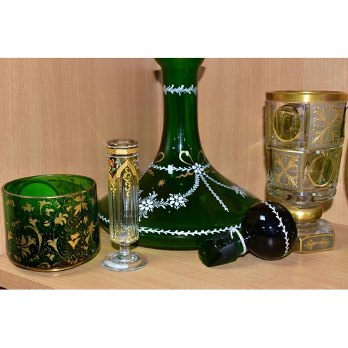 526 - SIX PIECES OF 19TH AND 20TH CENTURY BOHEMIAN GLASSWARE, comprising a 19th century green glass bowl w... 