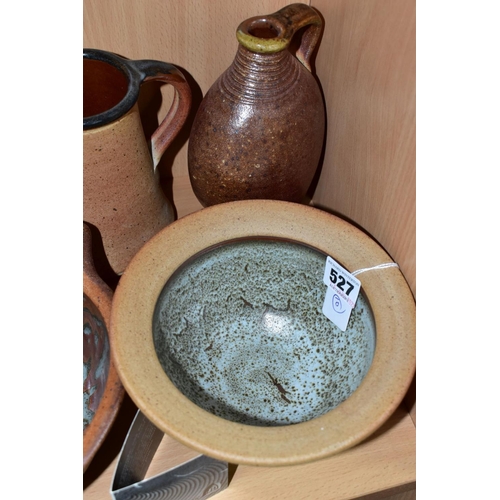 527 - FOUR PIECES OF JOHN LEACH MUCHELNEY STONEWARE POTTERY, comprising a deep circular bowl with wide rim... 