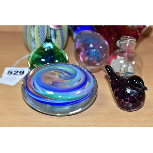 529 - NINE SECOND HALF 20TH CENTURY GLASS PAPERWEIGHTS AND A DUTCH MINIATURE SHIP IN A BAUBLE, height 5.5c... 