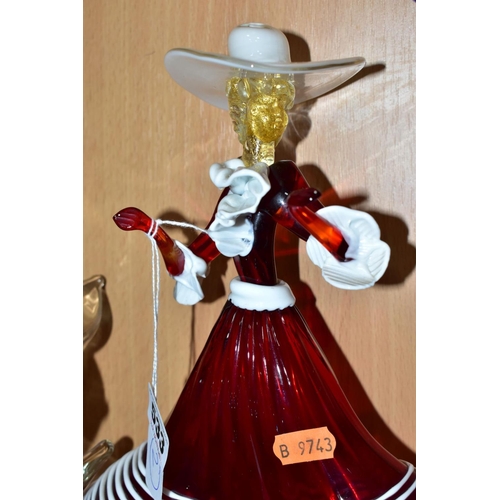 533 - FOURTEEN PIECES OF STUDIO AND MODERN GLASSWARE, including a Murano figure of a lady in red and white... 