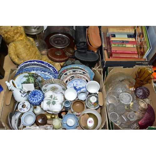 537 - FOUR BOXES OF CERAMICS, GLASS, BOOKS, COLLECTABLES AND LOOSE PICTURES, including a Wedgwood Florenti... 