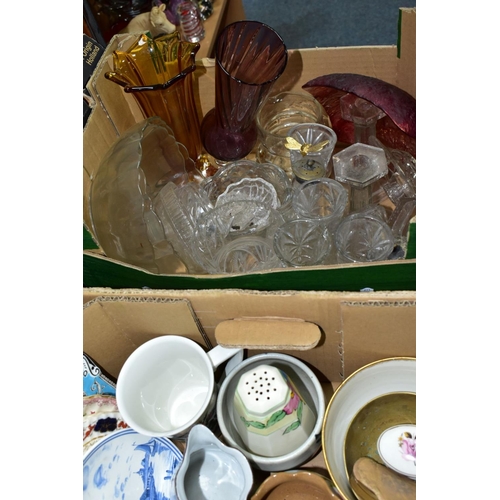 537 - FOUR BOXES OF CERAMICS, GLASS, BOOKS, COLLECTABLES AND LOOSE PICTURES, including a Wedgwood Florenti... 