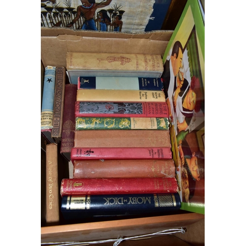 537 - FOUR BOXES OF CERAMICS, GLASS, BOOKS, COLLECTABLES AND LOOSE PICTURES, including a Wedgwood Florenti... 