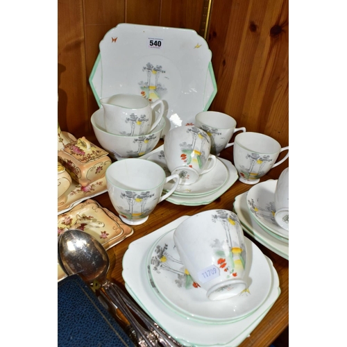 540 - A TWENTY ONE PIECE SHELLEY CORNFIELD PART TEA SET, A CROWN DEVON DRESSING TABLE SET AND METALWARES, ... 