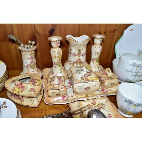 540 - A TWENTY ONE PIECE SHELLEY CORNFIELD PART TEA SET, A CROWN DEVON DRESSING TABLE SET AND METALWARES, ... 