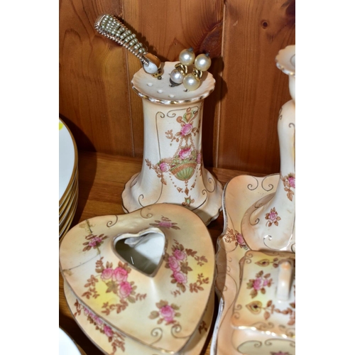 540 - A TWENTY ONE PIECE SHELLEY CORNFIELD PART TEA SET, A CROWN DEVON DRESSING TABLE SET AND METALWARES, ... 