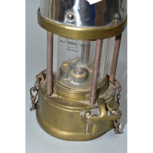 547 - A MINER'S SAFETY LAMP, of brass and chrome construction marked 'The Protector Lamp and Lighting Co. ... 