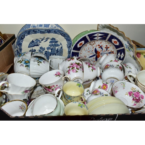 555 - FOUR BOXES OF CERAMIC TEA AND DINNER WARES, to include a fifty piece Johnson Bros Old English patter... 