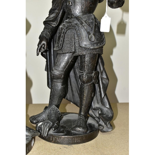 559 - A PAIR OF SPELTER FIGURES, titled 'Jean Sanspeur' and 'Charles Le Temeraire', the Dukes of Burgundy ... 