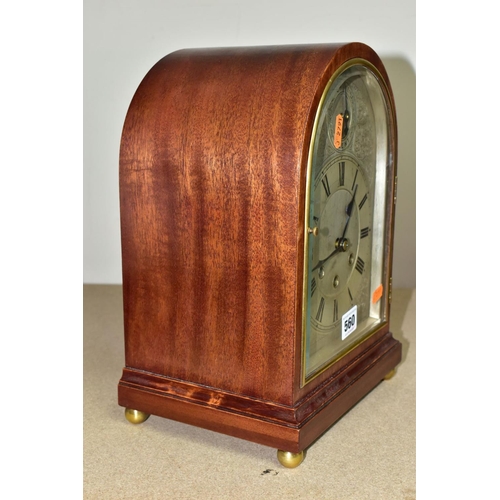 560 - A GUSTAV BECKER DOMED MAHOGANY MANTEL CLOCK, with Roman numerals to the chapter ring, subsidiary chi... 