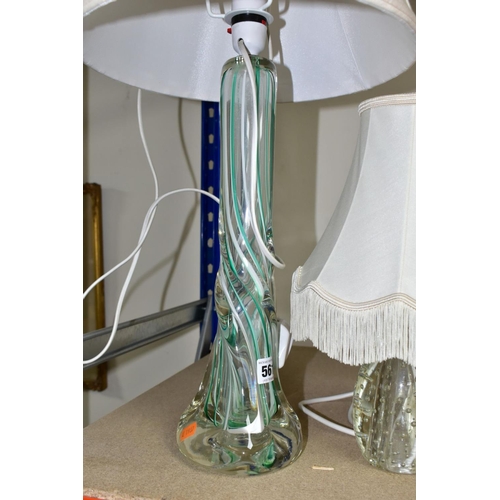 561 - TWO GLASS BASED TABLE LAMPS, comprising a Strathearn  lamp with cased green and white spiral, impres... 