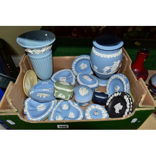 568 - THREE BOXES AND LOOSE CERAMICS, to include a box of approximately twenty pieces of Wedgwood jasperwa... 