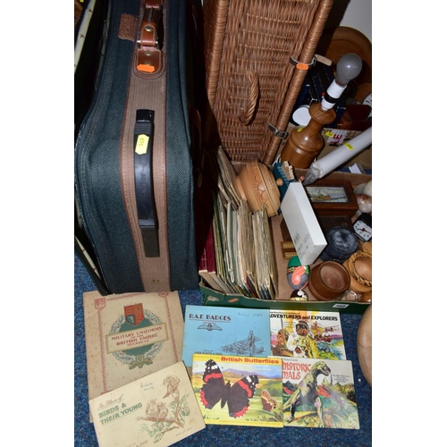 569 - TWO BOXES AND LOOSE SUITCASE, TREEN AND SUNDRY ITEMS, to include a green Antler suitcase, a picnic h... 