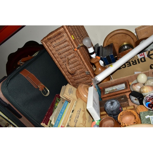 569 - TWO BOXES AND LOOSE SUITCASE, TREEN AND SUNDRY ITEMS, to include a green Antler suitcase, a picnic h... 