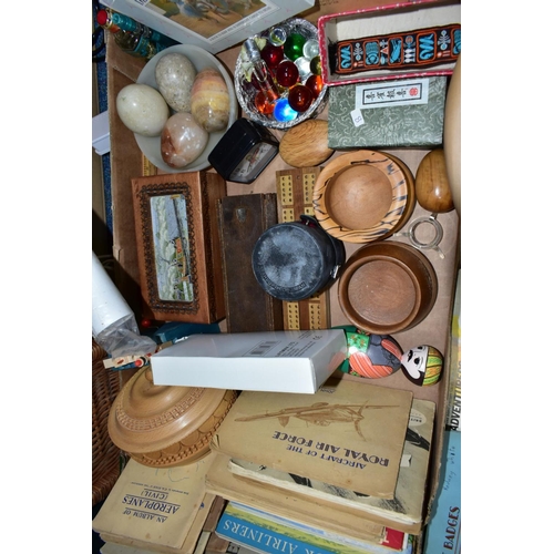 569 - TWO BOXES AND LOOSE SUITCASE, TREEN AND SUNDRY ITEMS, to include a green Antler suitcase, a picnic h... 