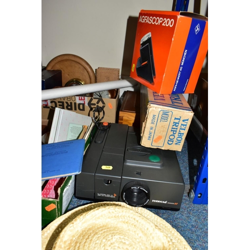 569 - TWO BOXES AND LOOSE SUITCASE, TREEN AND SUNDRY ITEMS, to include a green Antler suitcase, a picnic h... 