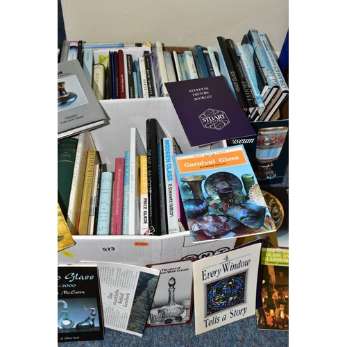 573 - TWO BOXES OF GLASS REFERENCE BOOKS ETC, titles include 'Glass contemporary art' by Dan Klein, 'The a... 