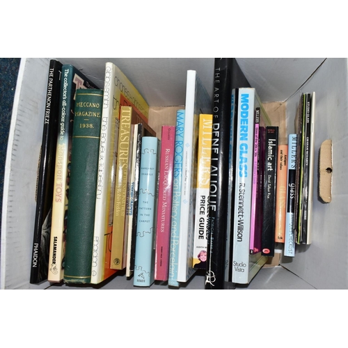 573 - TWO BOXES OF GLASS REFERENCE BOOKS ETC, titles include 'Glass contemporary art' by Dan Klein, 'The a... 