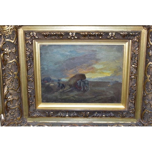 575 - AN ENGLISH SCHOOL IMPRESSIONIST HARVESTING SCENE, depicting figures and a heavy horse beside a cart ... 