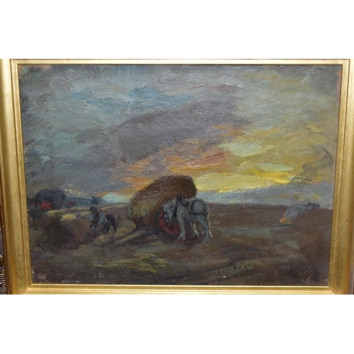 575 - AN ENGLISH SCHOOL IMPRESSIONIST HARVESTING SCENE, depicting figures and a heavy horse beside a cart ... 