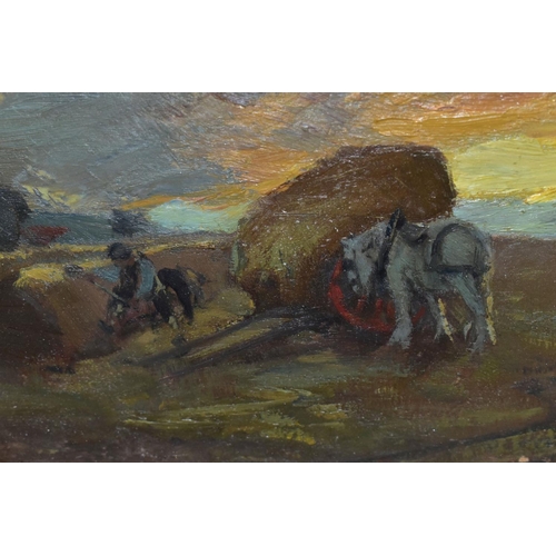 575 - AN ENGLISH SCHOOL IMPRESSIONIST HARVESTING SCENE, depicting figures and a heavy horse beside a cart ... 