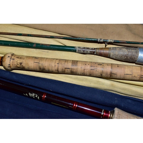 579 - THREE VINTAGE FISHING RODS, comprising a Hardy Graphlite Salmon De-luxe, nine weight 13ft 9inches 42... 