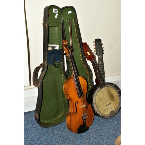 581 - THREE STRINGED INSTRUMENTS, comprising two unbranded banjolins, approximate lengths 58cm and 54cm an... 