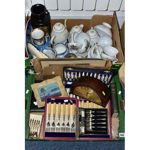 583 - TWO BOXES OF CERAMICS AND FLATWARES ETC, to include six Norwegian silver teaspoons 830 purity, cased... 