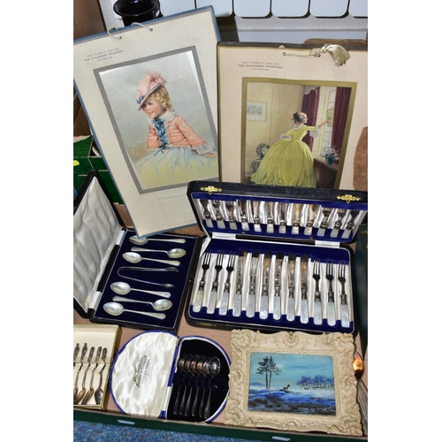 583 - TWO BOXES OF CERAMICS AND FLATWARES ETC, to include six Norwegian silver teaspoons 830 purity, cased... 