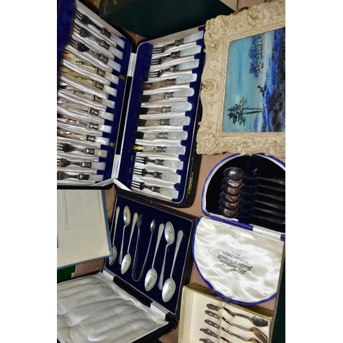 583 - TWO BOXES OF CERAMICS AND FLATWARES ETC, to include six Norwegian silver teaspoons 830 purity, cased... 